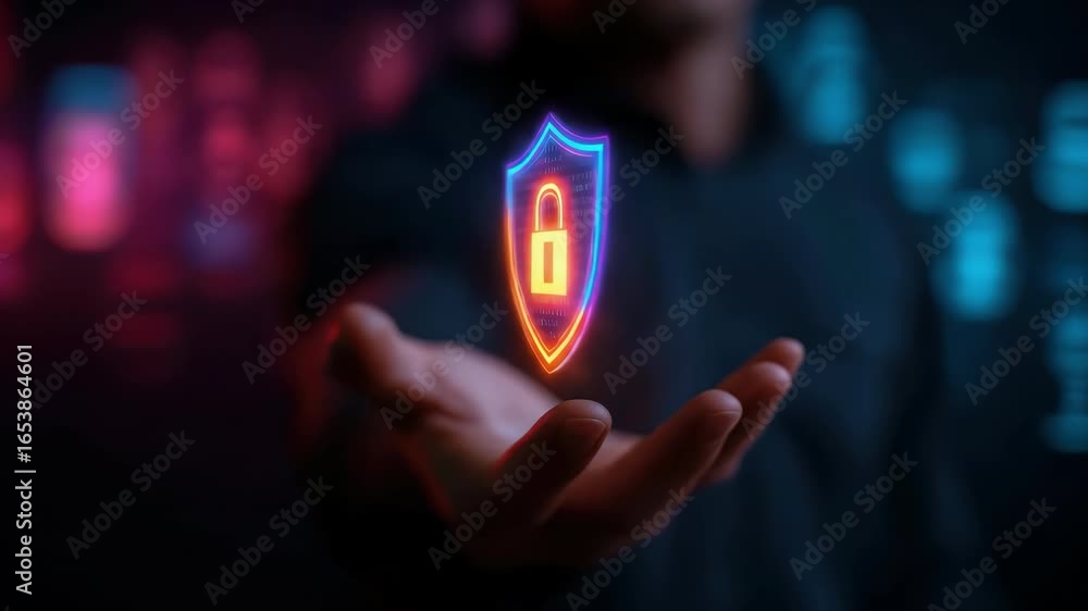 Poster a man hand with glowing vertical light hover above palm, futuristic technology in dark, digital shie