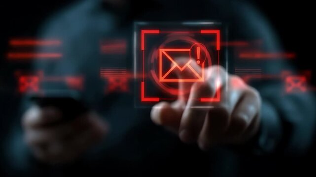 A person touche virtual screen with glowing red email alert icon representing urgent message notification, digital communication, technology, cybersecurity, and modern virtual notification connectiv