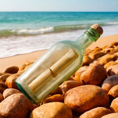 Vintage Bottle on the Beach with Orange Cream Rocks and Paper Inside