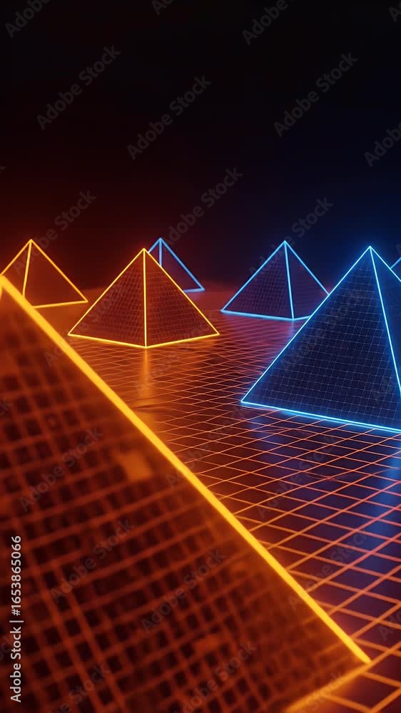 Poster abstract 3d geometric pyramids with neon light grid background