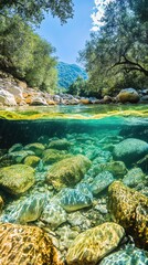 Underwater view of clear forest stream
