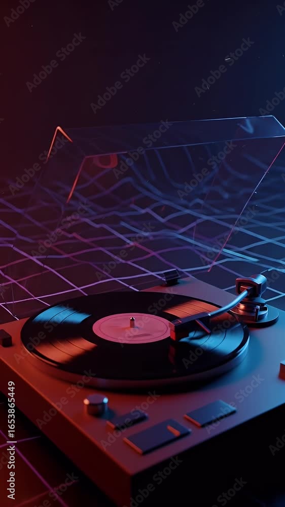 Poster abstract 3d illustration of a synthwave turntable with neon grid background