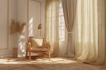 Sun-drenched, light-filled room with wicker chair