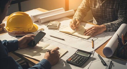Team of architects and engineers collaborating on a construction project, reviewing blueprints and plans, using calculator and smartphone.