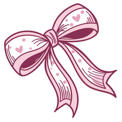 Vector art of cute pink bow ribbon with heart pattern isolated on white background, decorative element