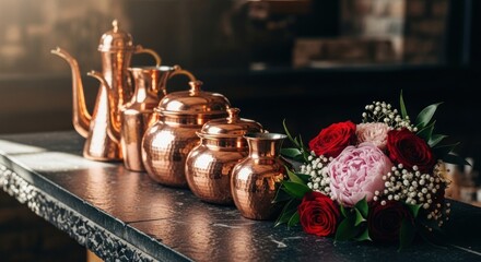 Elegant copper vessels and a delicate floral bouquet on a textured countertop surface