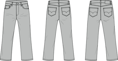 cad drawing flat vector illustration, denim jeans technical sketch front back view, casual straight fit pants fashion design © Nur Creations