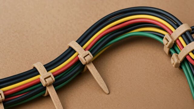 Sustainable engineering technology with beige cable ties organizing brown electrical wire bundles for efficient and neat wiring management system