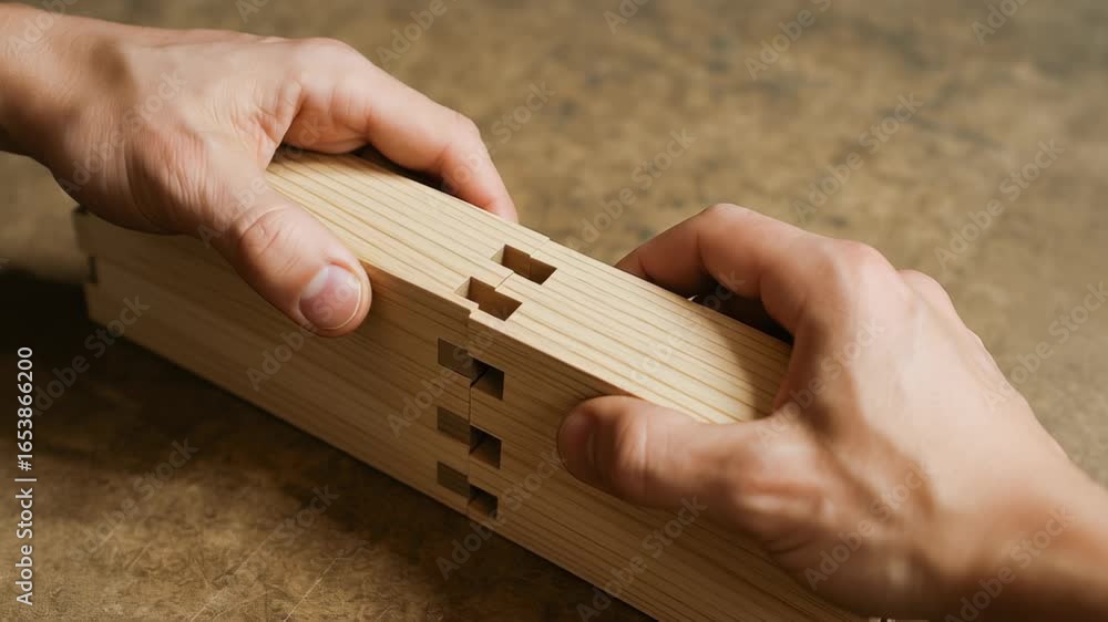 Poster wood joint craftsmanship with hands assembling sustainable engineering work for precise connection a
