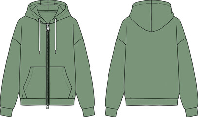 cad drawing flat vector illustration, front and back view zip up hoodie with pocket, fashion technical sketch casual sweatshirt