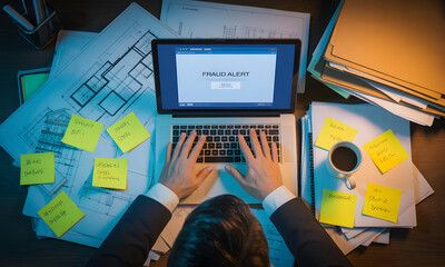 Overwhelmed businessman working late at night, surrounded by paperwork, sticky notes, and a laptop displaying a document. He's typing intensely, showing the pressures of a demanding job and deadline.
