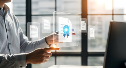 Professional individual analyzing a digital interface, using a tablet and computer to visualize data and accomplish a goal in a modern office setting.