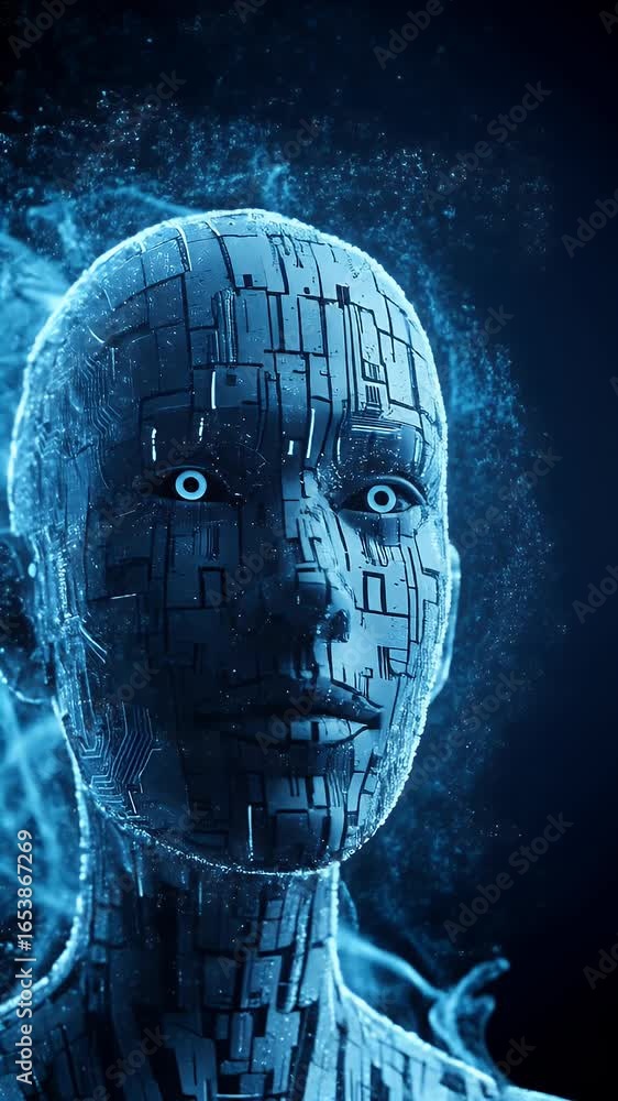 Poster abstract 3d render futuristic artificial intelligence robot head digital blue glowing particles