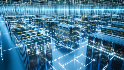 Obraz premium Massive IT data facility with endless rows of glowing network servers. 