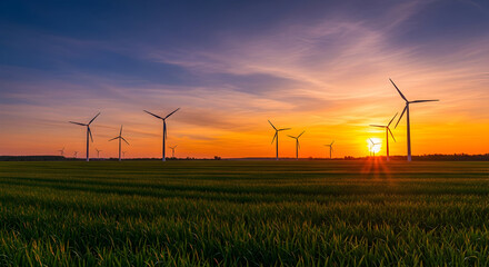 Wind turbines at sunset over a grassy field.