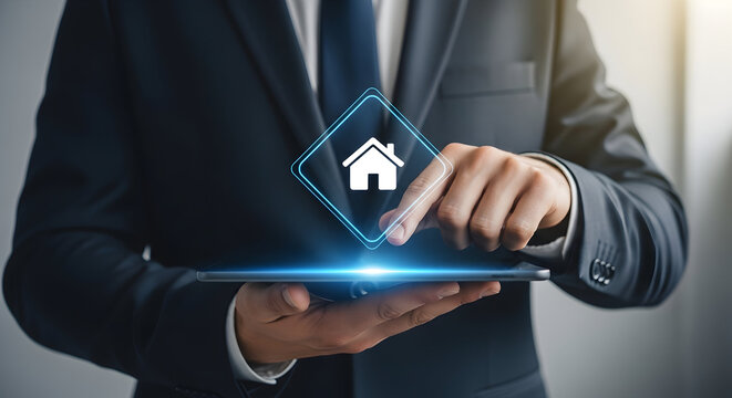 Businessman holding digital house icon on tablet. - Powered by Adobe