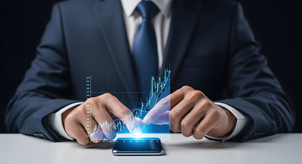 A person in a formal suit interacting with a smartphone, showcasing technology and data visualization, suitable for business and innovation.