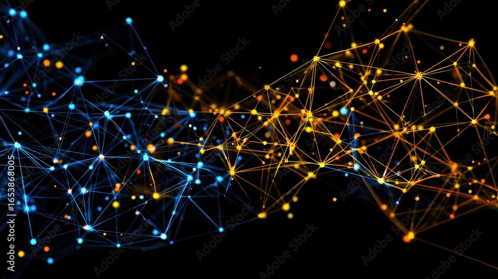Poster a colorful, abstract image of lines and dots that appear to be connected in a web-like pattern