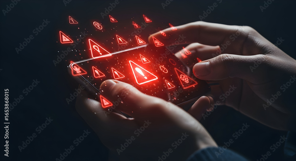 Poster human hands interacting with an illuminated interface featuring glowing warning symbols, suggesting 