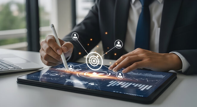 A professional individual working on a digital tablet with futuristic glowing user interface and digital overlay representing interconnectedness, data, and modern technology.