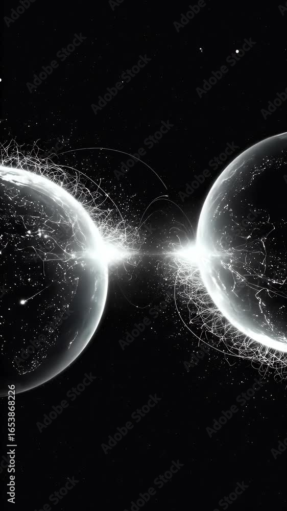 Poster abstract 3d render of two luminous planets colliding in deep space with cosmic dust