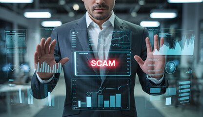 A person interacting with a holographic interface displays the word 'SCAM', highlighting the concept of fraud and deception in digital systems.