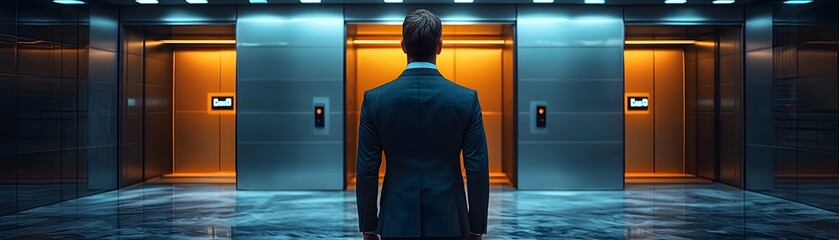 Businessman facing a career crossroads in front of an elevator