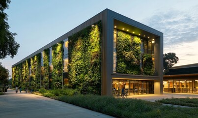 Obraz premium Educational building featuring a vertical garden on its facade, reflecting sustainable and eco-friendly design in a modern academic setting, Generative AI