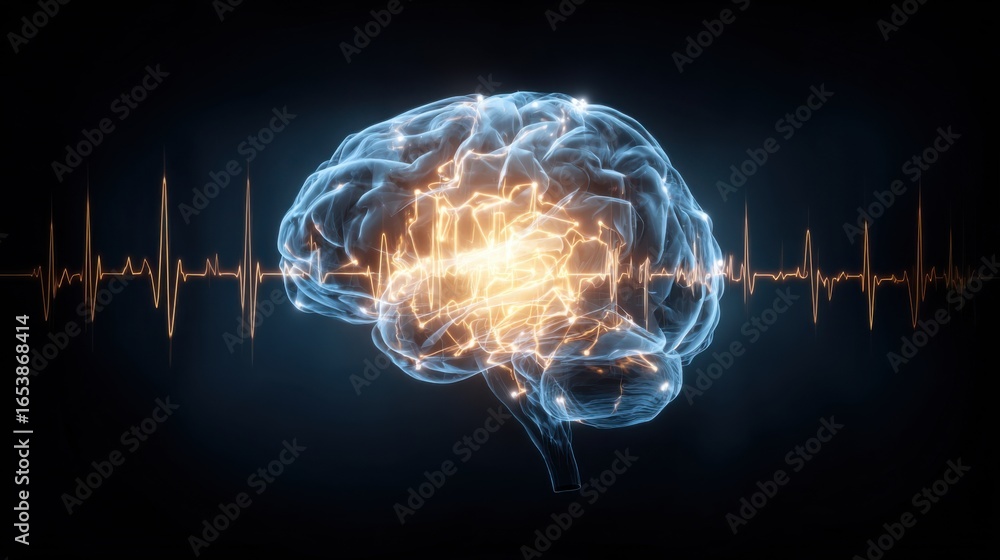 Poster a brain with a bright light inside of it. the brain is surrounded by a dark background with a few or