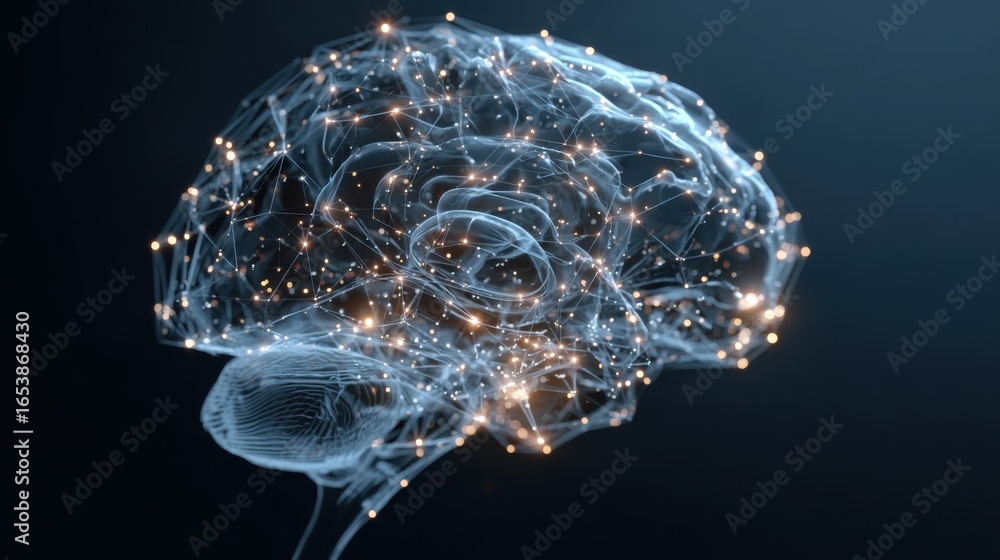 Poster a brain with many connections is shown in a blue background. the brain is surrounded by a network of