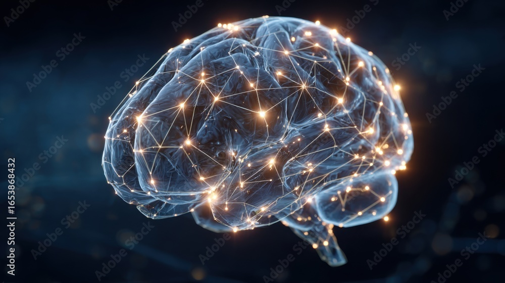 Poster a brain with a network of lines surrounding it. the brain is surrounded by a blue background