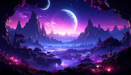 Fototapeta premium Fantasy landscape with planets with mountains neon purple sky.