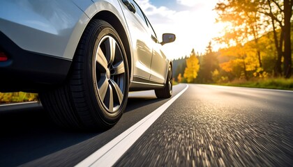 Autumn Road Trip: Closeup of Car Wheel on Asphalt