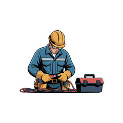 Electrician in blue uniform with yellow hard hat and gloves working with wires worker