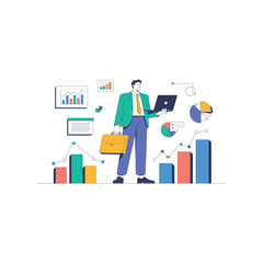 Man with laptop and briefcase surrounded by colorful business charts and graphs vector
