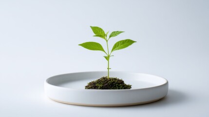 A small plant is growing in a white plate. The plant is surrounded by dirt and he is thriving. Concept of growth and life, as the plant is flourishing in its new environment