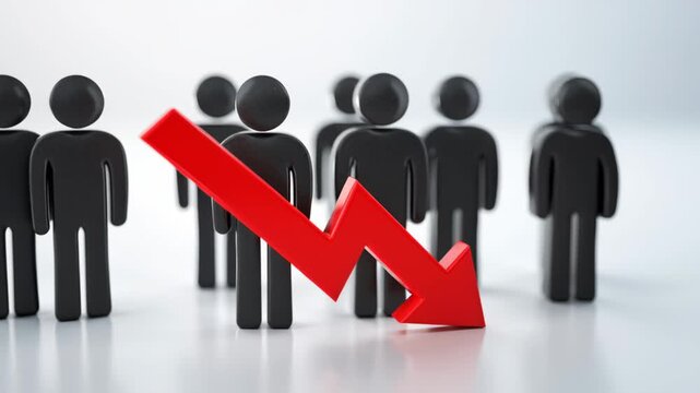 Human figures standing at the bottom of the image with a large red arrow pointing down from above, symbolizing declining birth rates.