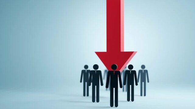 Human figures standing at the bottom of the image with a large red arrow pointing down from above, symbolizing declining birth rates.