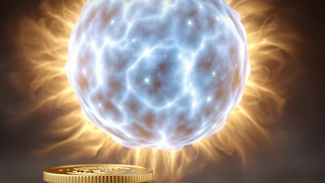 A glowing magnetic sphere surrounded by a golden aura, pulling stacks of cash and gold coins toward it, symbolizing the law of attraction for wealth.