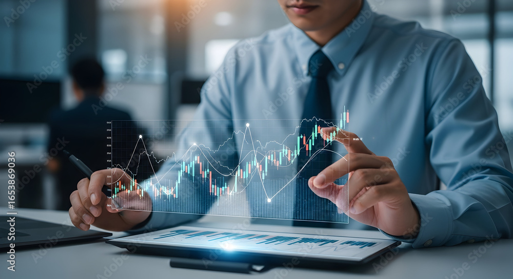 Poster close-up shot of a person in professional attire using a digital tablet, showcasing data analysis an