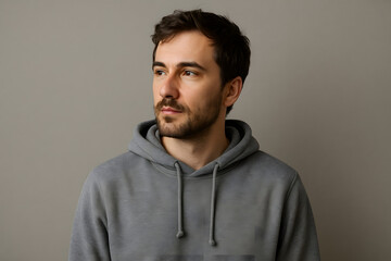 Fototapeta premium A young man in a grey hoodie with beard and short hair gazing sideways with calm thoughtful demeanor in studio portrait