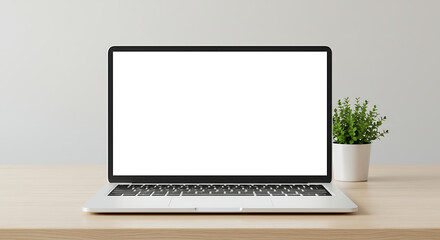 Front view laptop with blank white screen on work desk for workspace mockup