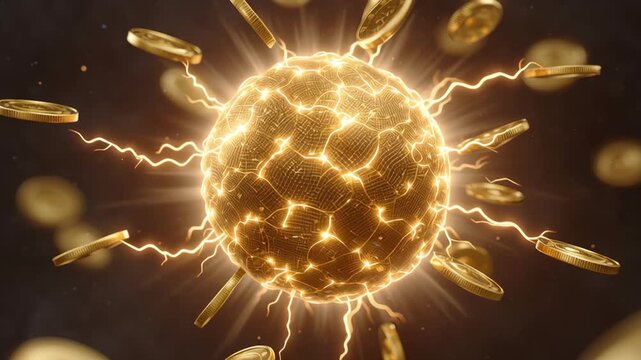A glowing magnetic sphere surrounded by a golden aura, pulling stacks of cash and gold coins toward it, symbolizing the law of attraction for wealth.