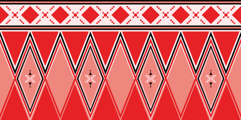 Bold geometric ethnic pattern in vibrant red and pink tones with diamond and triangular motifs. Abstract ethnic background. Concept of vintage, modern, classic for wrap paper, fabric print, wallpaper.