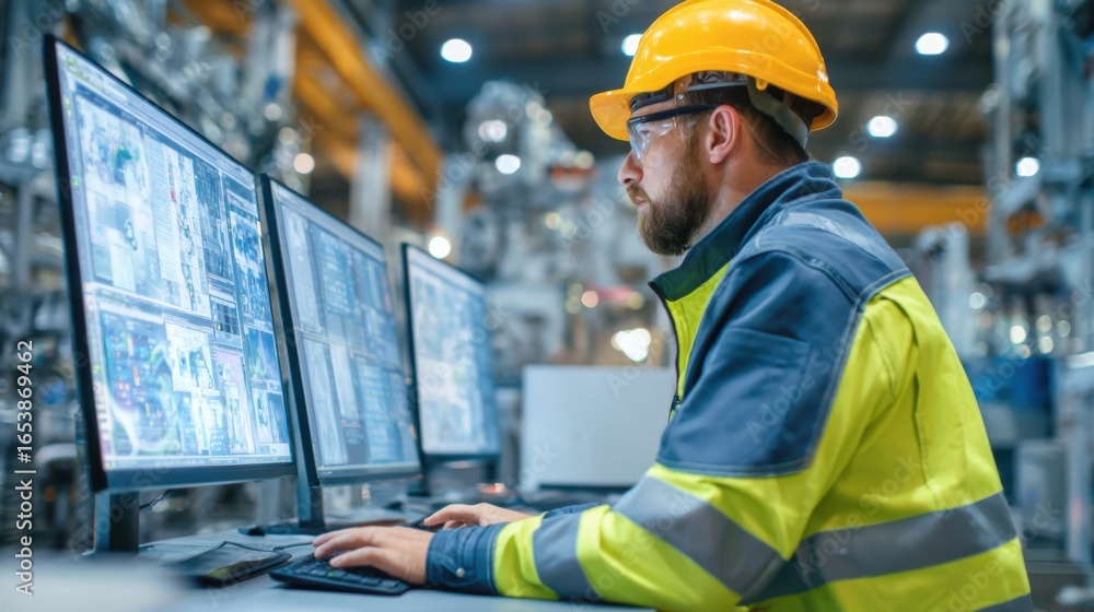 Poster a man in a yellow and blue safety jacket is working on a computer with two monitors. he is wearing a