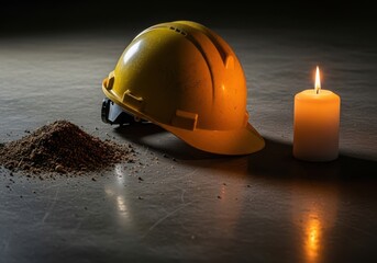 Yellow hard hat, candle, and pile of sand on a reflective surface to honor the memory of deceased miners