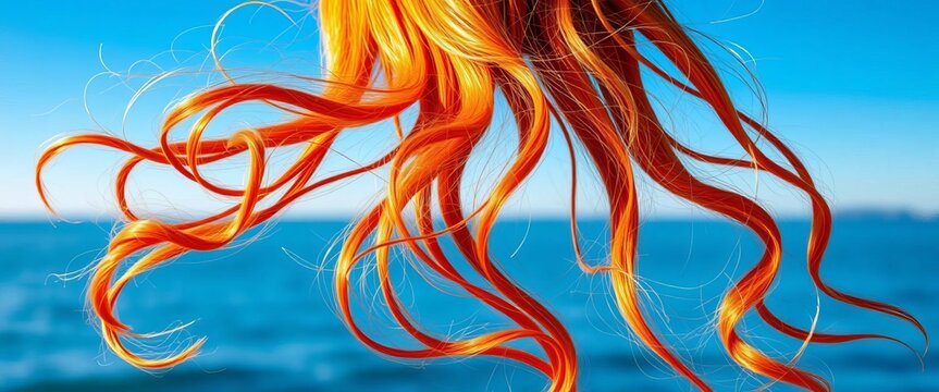 Long, wavy, fiery orange hair cascades against a serene blue backdrop  ,   stock photo,   beauty