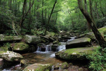 Obraz premium Forest stream, mossy rocks, lush greenery