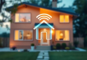 Modern home icon with WiFi signal, blurred house backdrop,  home,   wifi symbol
