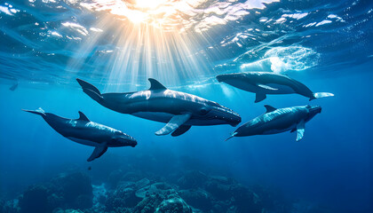 Obraz premium Pixelated Humpback Whales Swimming Beneath Sunlight Rays in Deep Blue Ocean